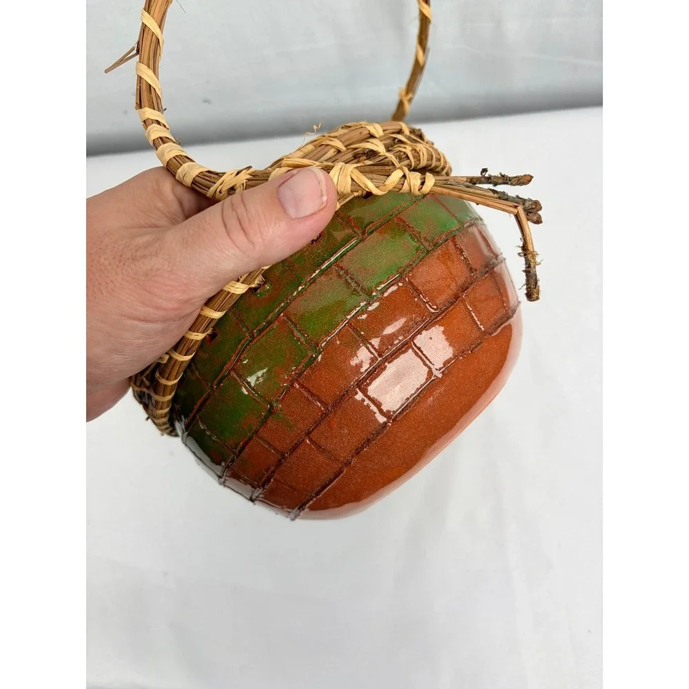 Handmade Glazed Pottery Basket Bowl Woven Pine Needle Rim Handle‎ Green Brown